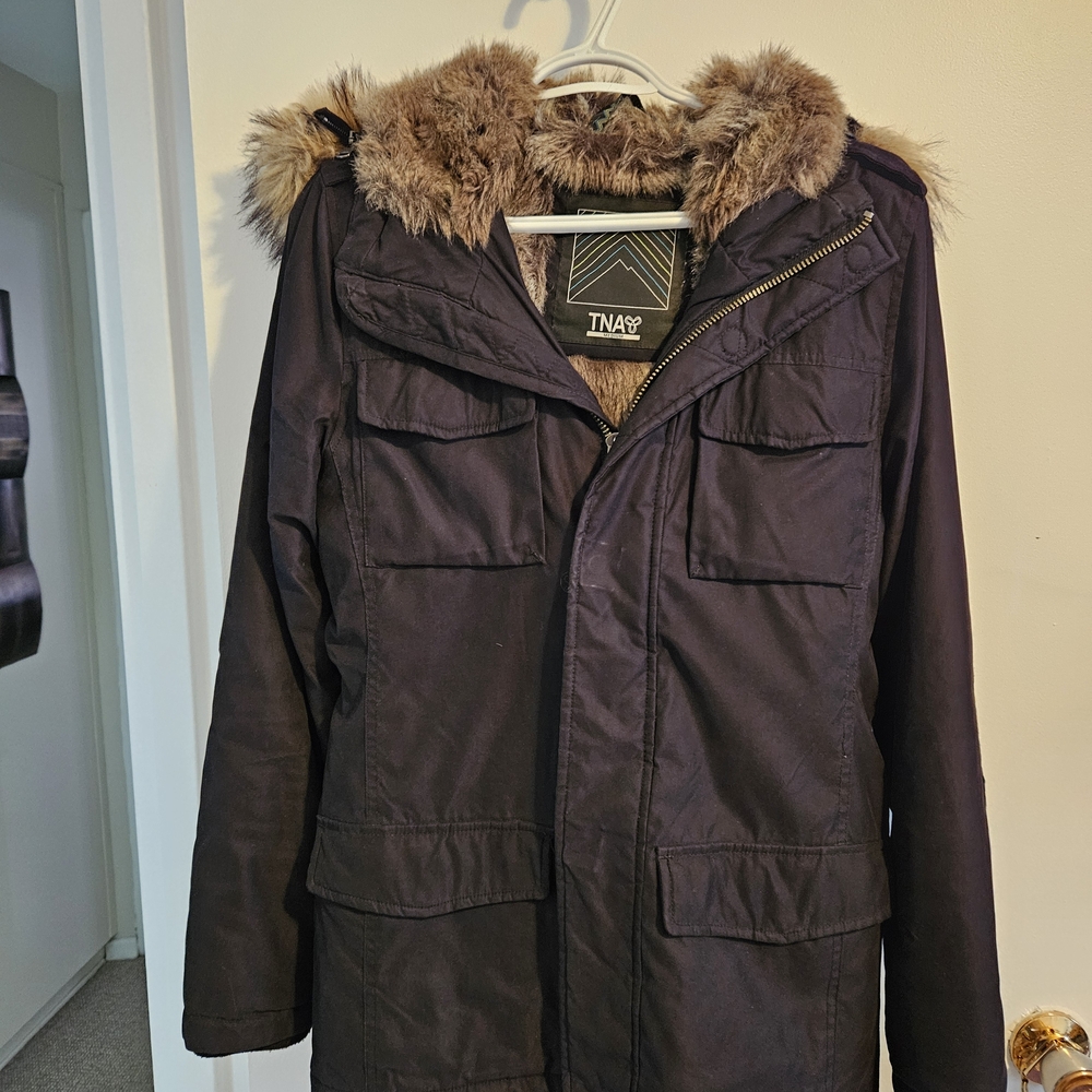 TNA Womens Gray Parka with Faux Fur Hood